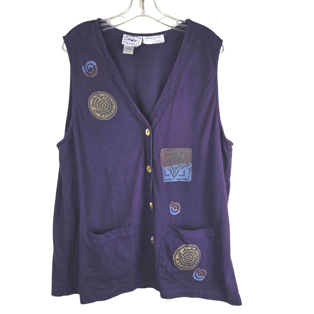Y2K Terree G. Star Art To Wear Purple Button Up Vest Cotton Knit Pockets